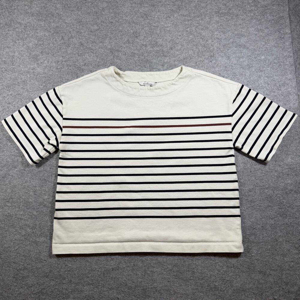 L.L.Bean Breton Stripe T Shirt Womens S Cream Navy Red Boxy Crop Crewneck Preppy